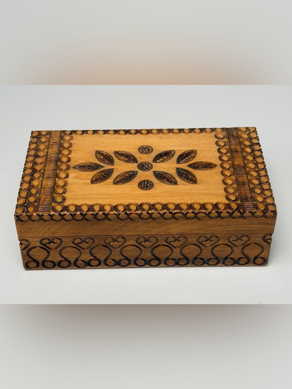Vintage Hand Carved Wooden Trinket Jewelry Box Engraved Made in Poland